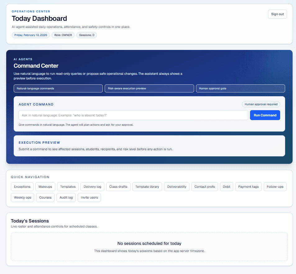 Plyvid dashboard — Today view with AI command center, quick navigation, and session list
